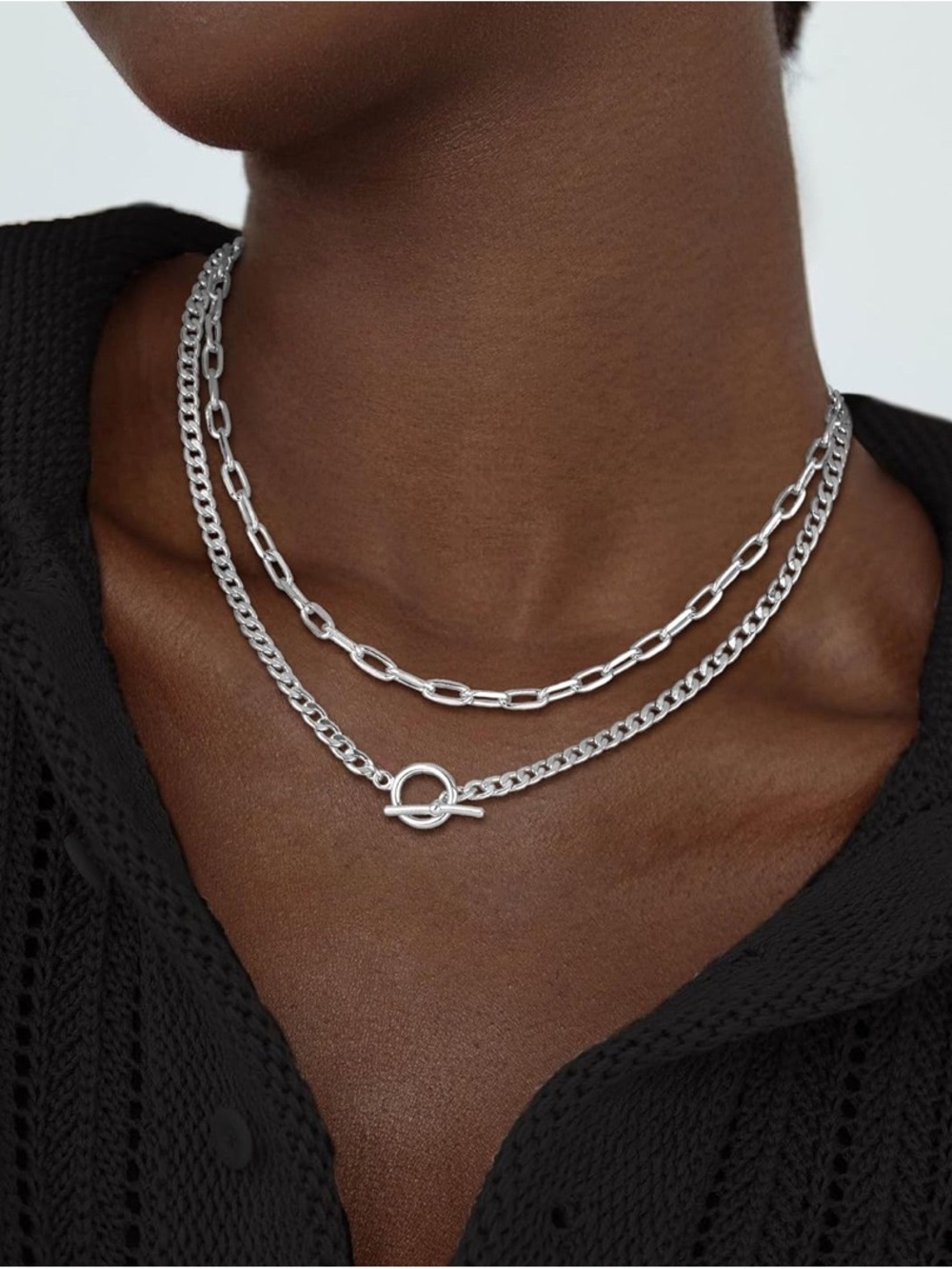 Sterling Silver Plated Double Layer Chain Necklace with Toggle Clasp